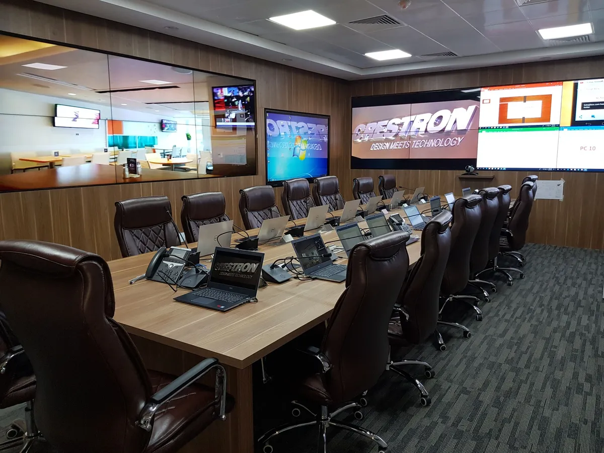 Crisis management centre: a video wall above the conference table