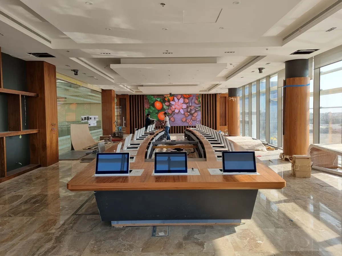 Board meeting room seen from the end of the table