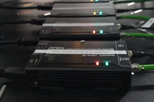 Network switches and encoders patched in an equipment rack